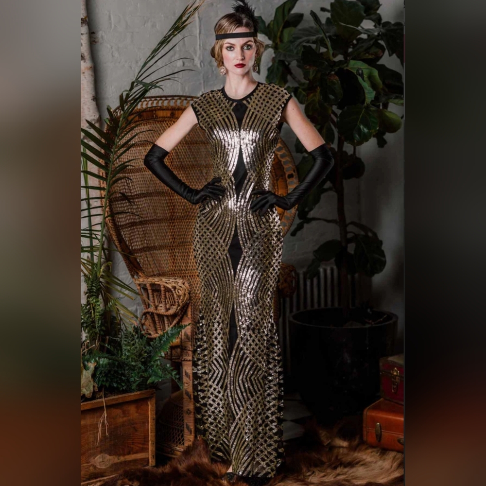 Retro Stage Gold and Black Sequin 1920s Evening Gown Size S NWT - Picture 3 of 13